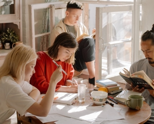 Group of friends studying