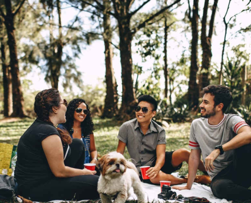 Friends hanging out at a park